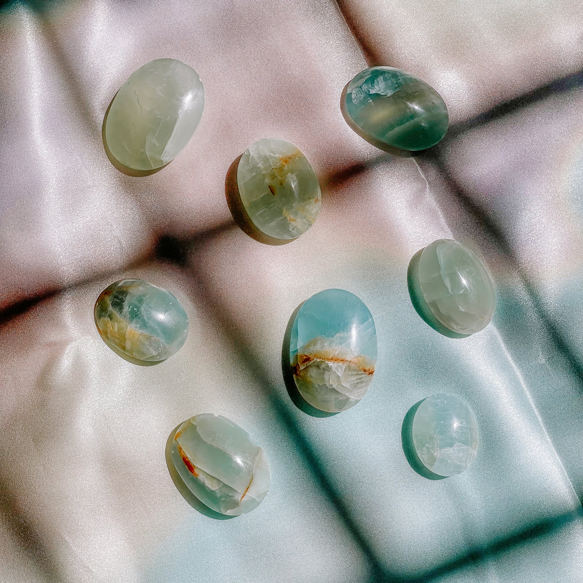 Lemurian Aquatine Calcite Palm Stones