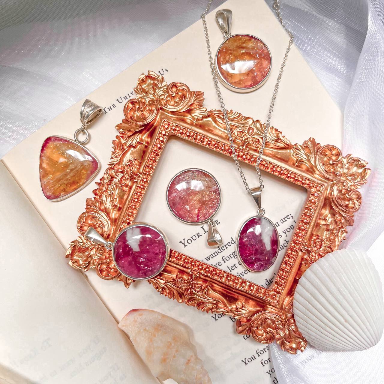 Russian Tourmaline Bicolor Gemstone Pendants in Pink and Orange