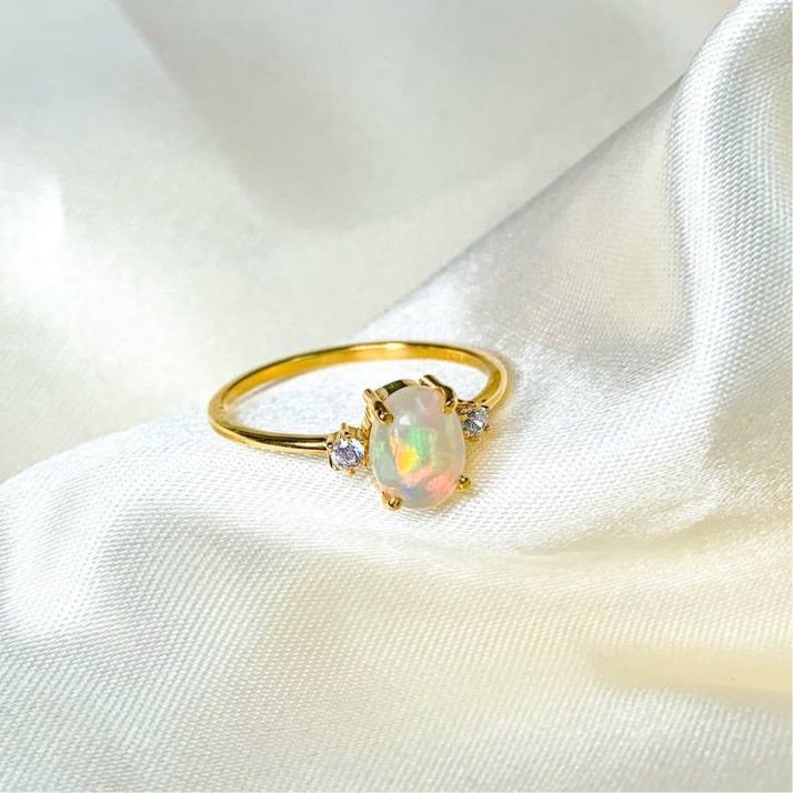 Ethiopian Opal Large Gem with Side Zircons on 18k Gold Filled Band