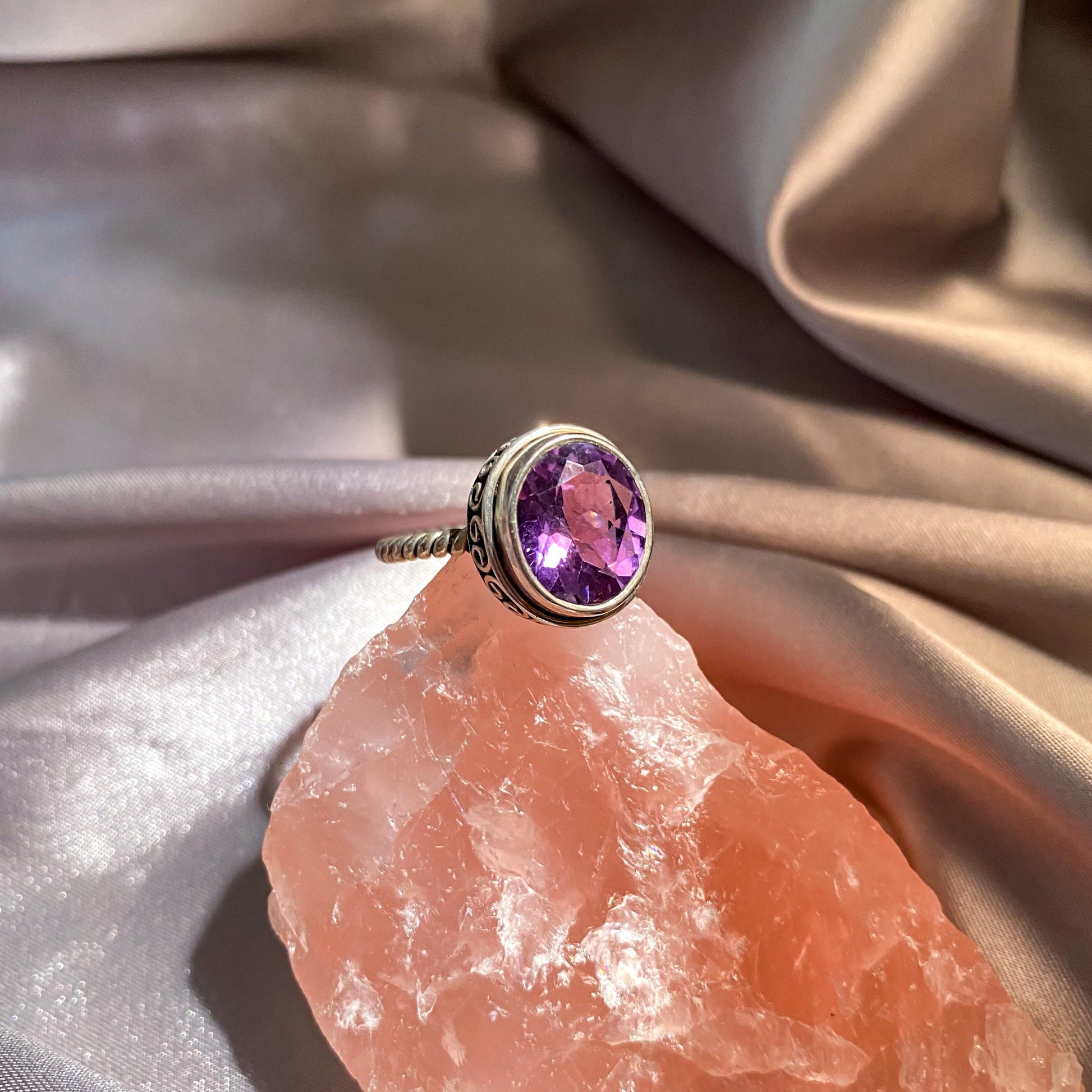 Amethyst Gemstone on Intricate Silver Rope Band Ring AR-01