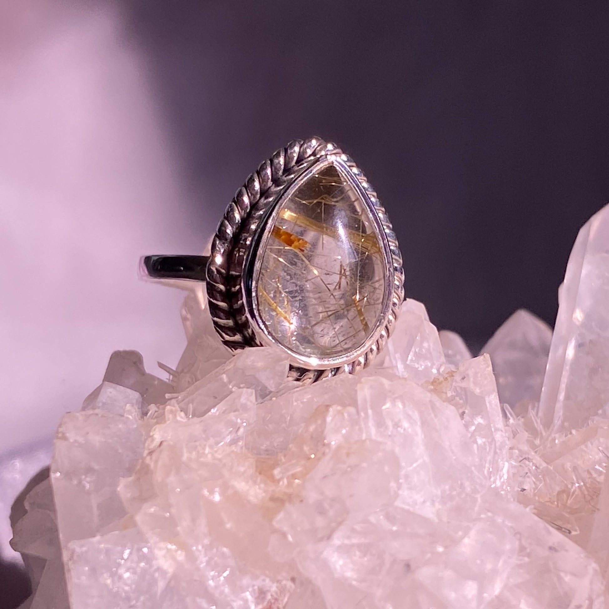 Gold Rutilated Quartz Teardrop Sterling Silver Ring