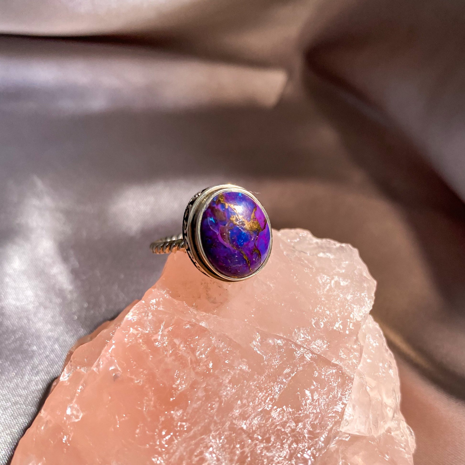 Purple Copper Turquoise on Intricate Silver Rope Band Ring TR-01