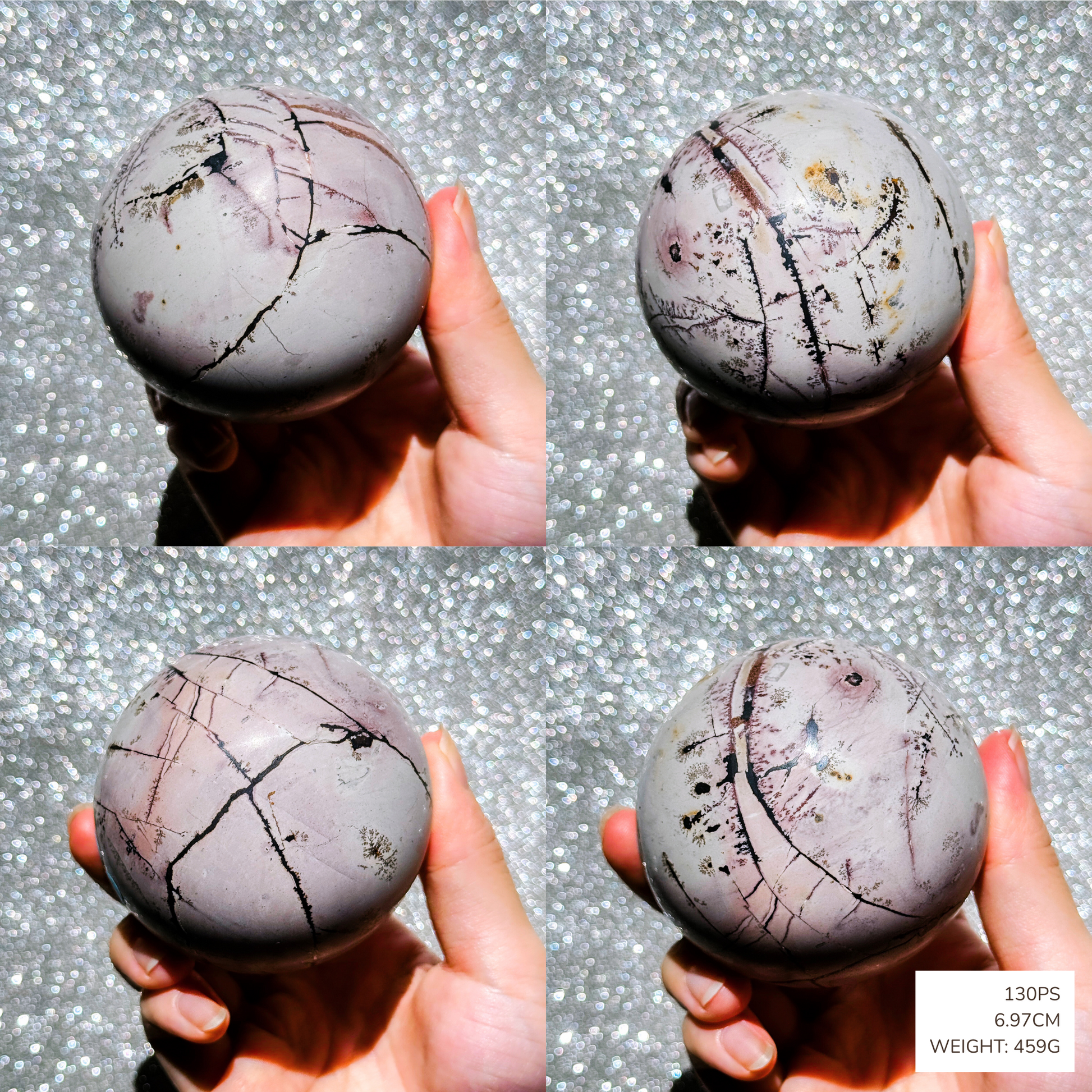 Collage of a hand holding a marbled picture jasper stone against a glittery background