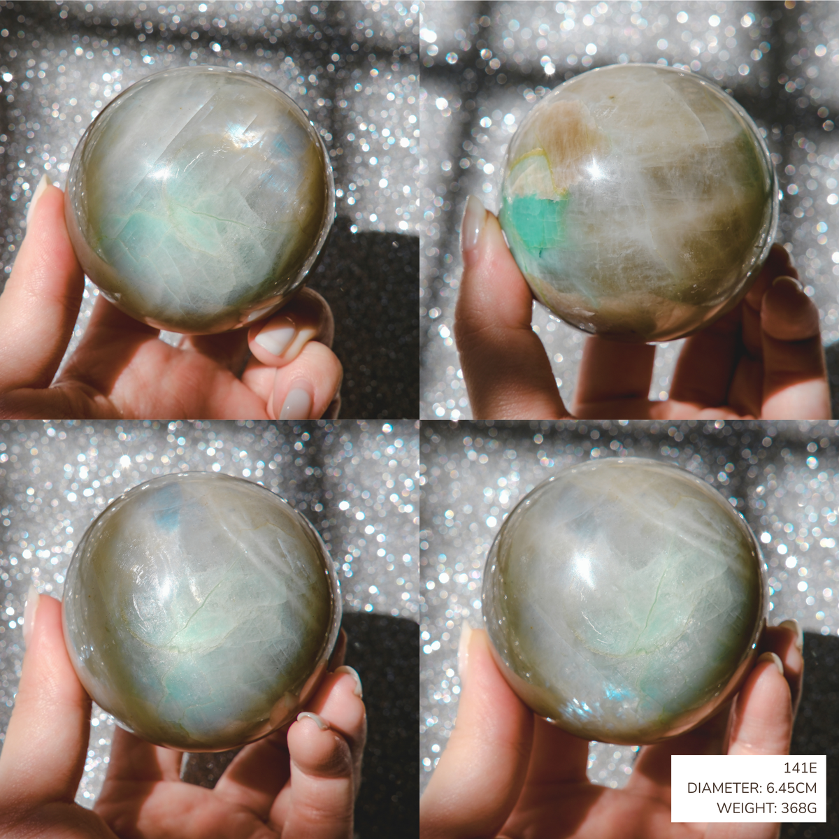 Four-panel collage showing a hand holding a large polished iridescent stone sphere against a sparkly silver background. The sphere has a smoky gray-green body with shifting blue, green, and brown tones.