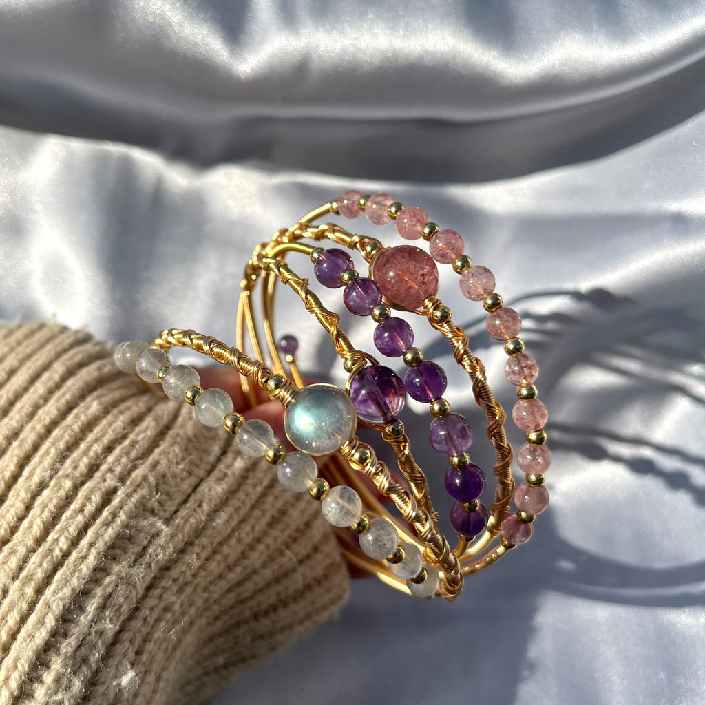 Crystal Bead Bangles - Rose Quartz, Labradorite, Amethyst high grade