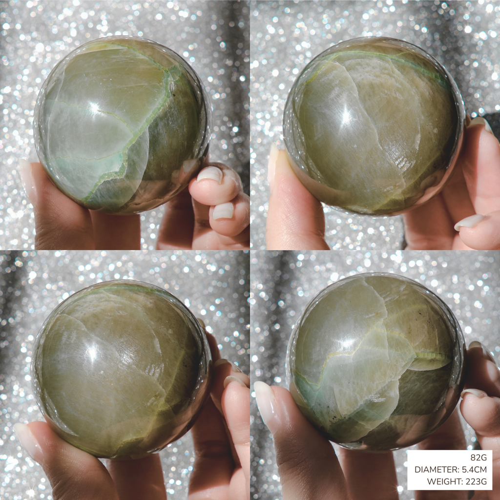 Four-panel collage showing a hand holding a polished oval stone sphere against a sparkly silver background. The stone appears olive green to gray with iridescent veining.
