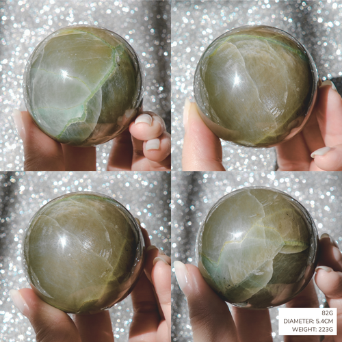 Four-panel collage showing a hand holding a polished oval stone sphere against a sparkly silver background. The stone appears olive green to gray with iridescent veining.