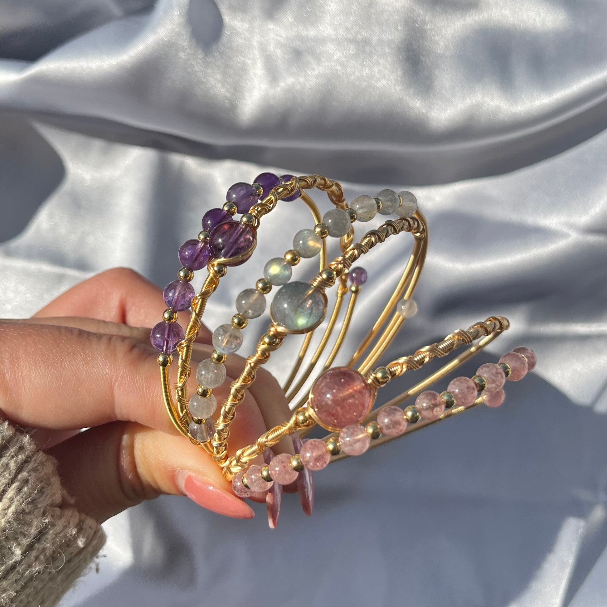 Crystal Bead Bangles - Rose Quartz, Labradorite, Amethyst high grade
