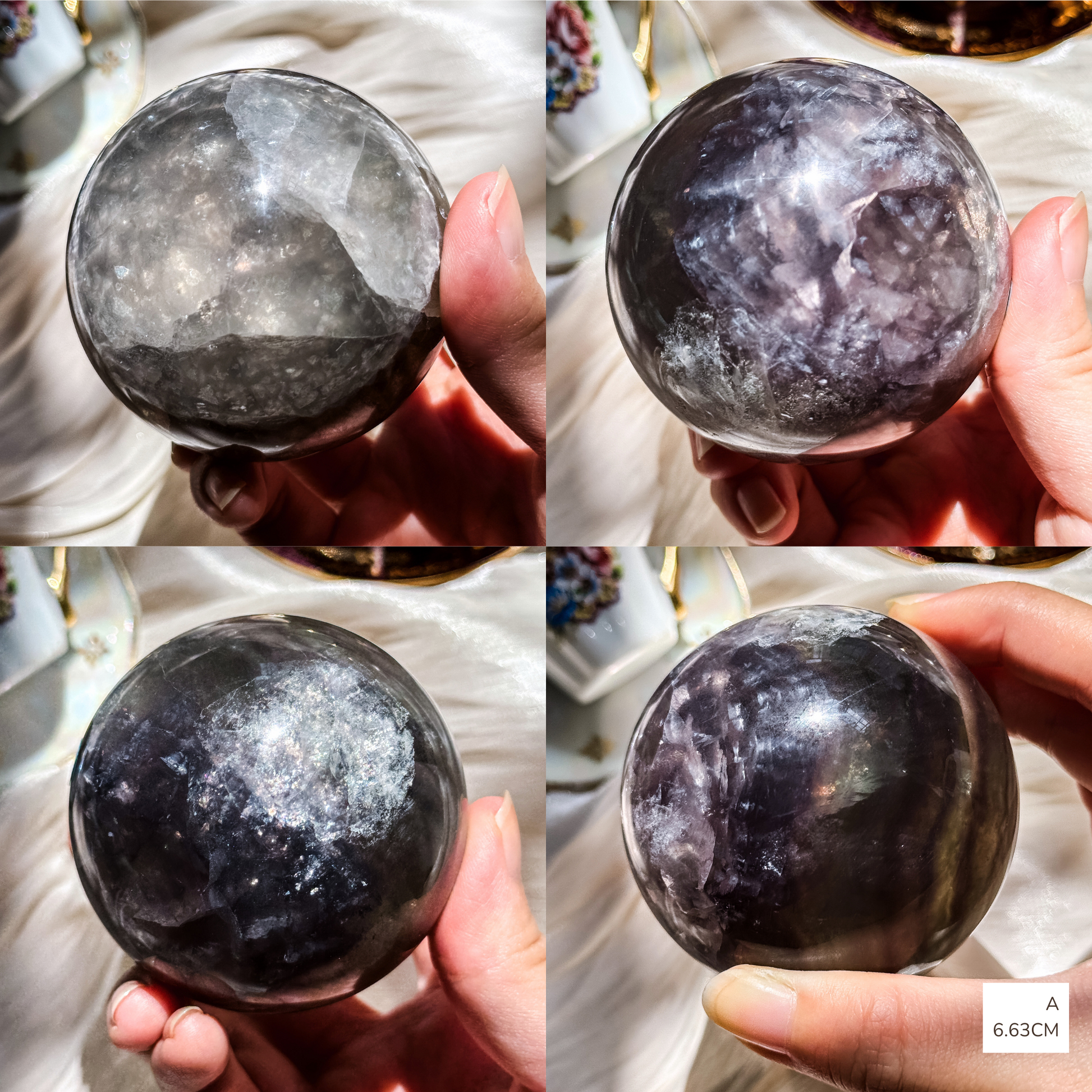 Four views of a fluorite sphere with dark purple bandings and plenty of sparkly mica inclusions ball held in a hand against a blurred background.