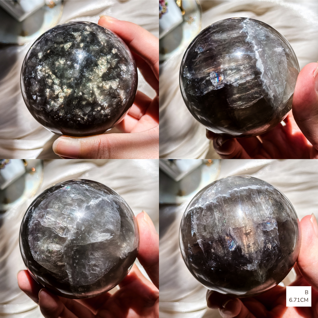 Four views of a fluorite sphere with dark purple bandings and plenty of sparkly mica inclusions ball held in a hand against a blurred background.