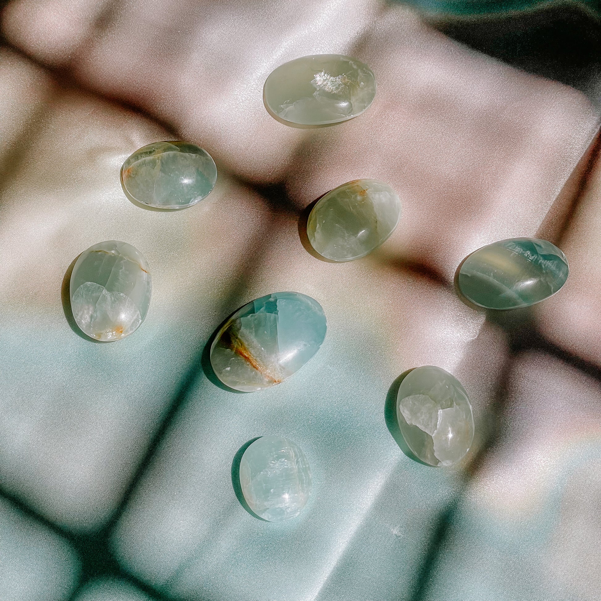 Lemurian Aquatine Calcite Palm Stones