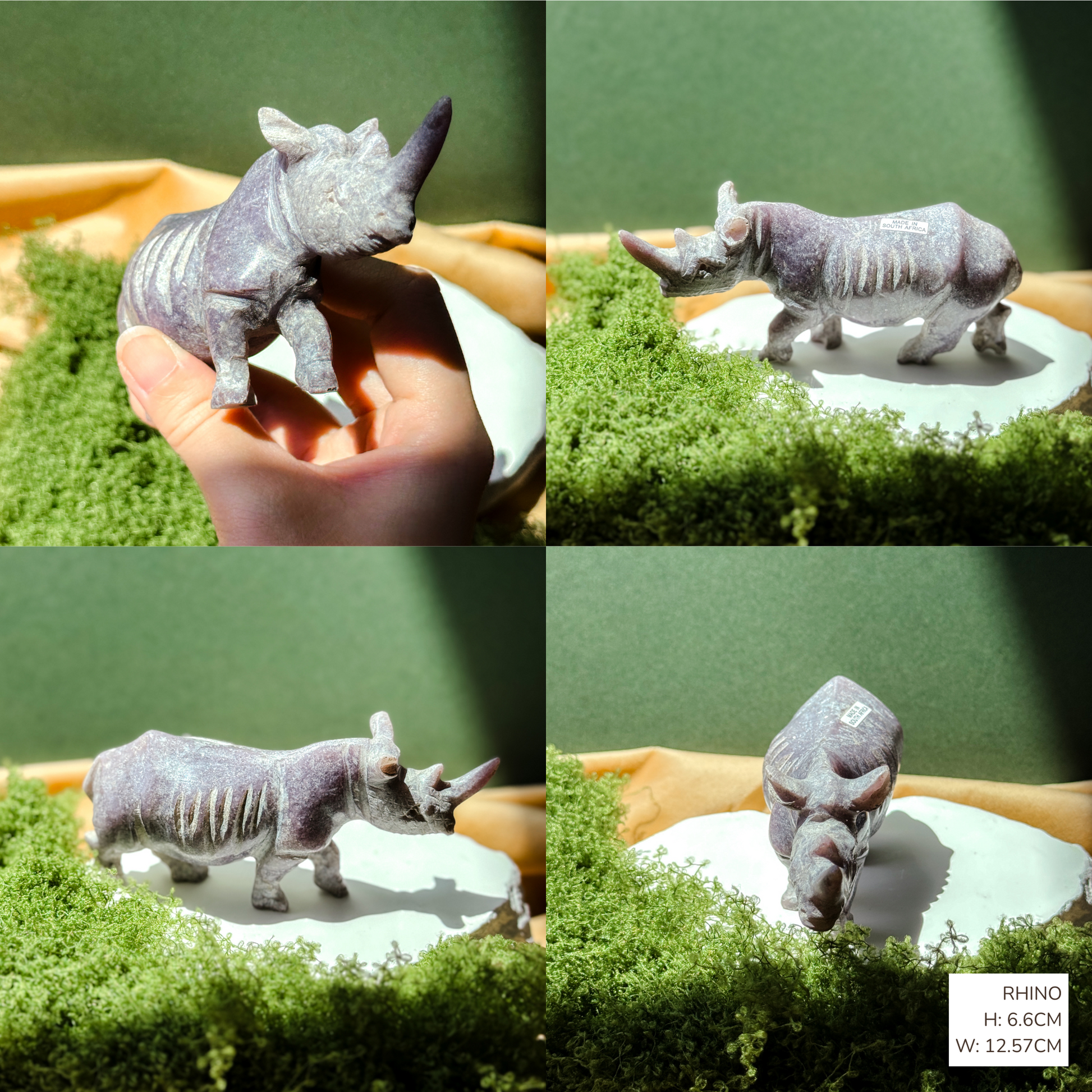 Collage of a small rhino figurine of Lepidolite on a green surface with a hand holding it.