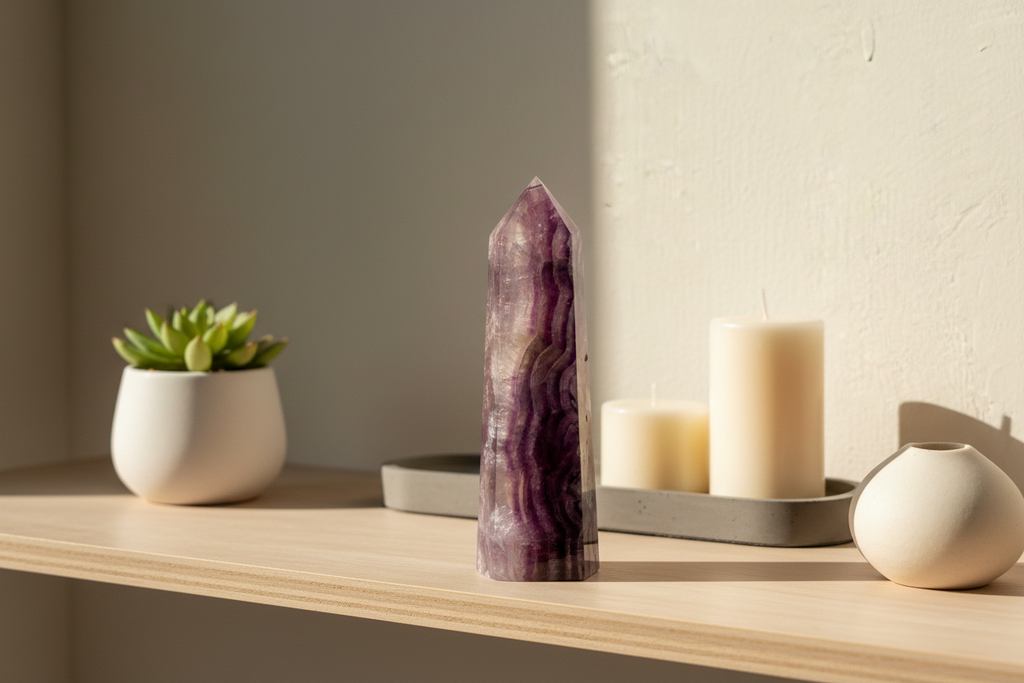 Chevron amethyst tower in home decor setting