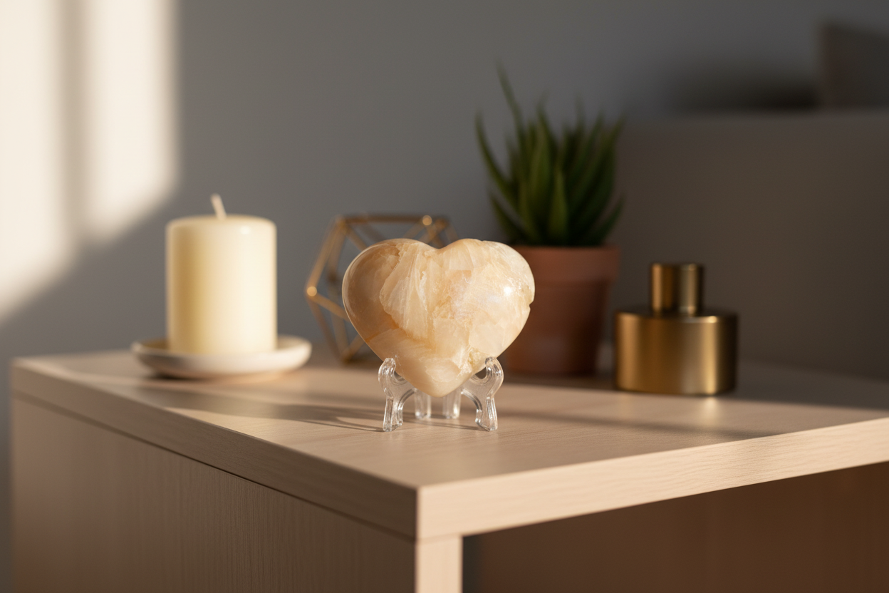 Cream moonstone heart on transparent stand in home decor