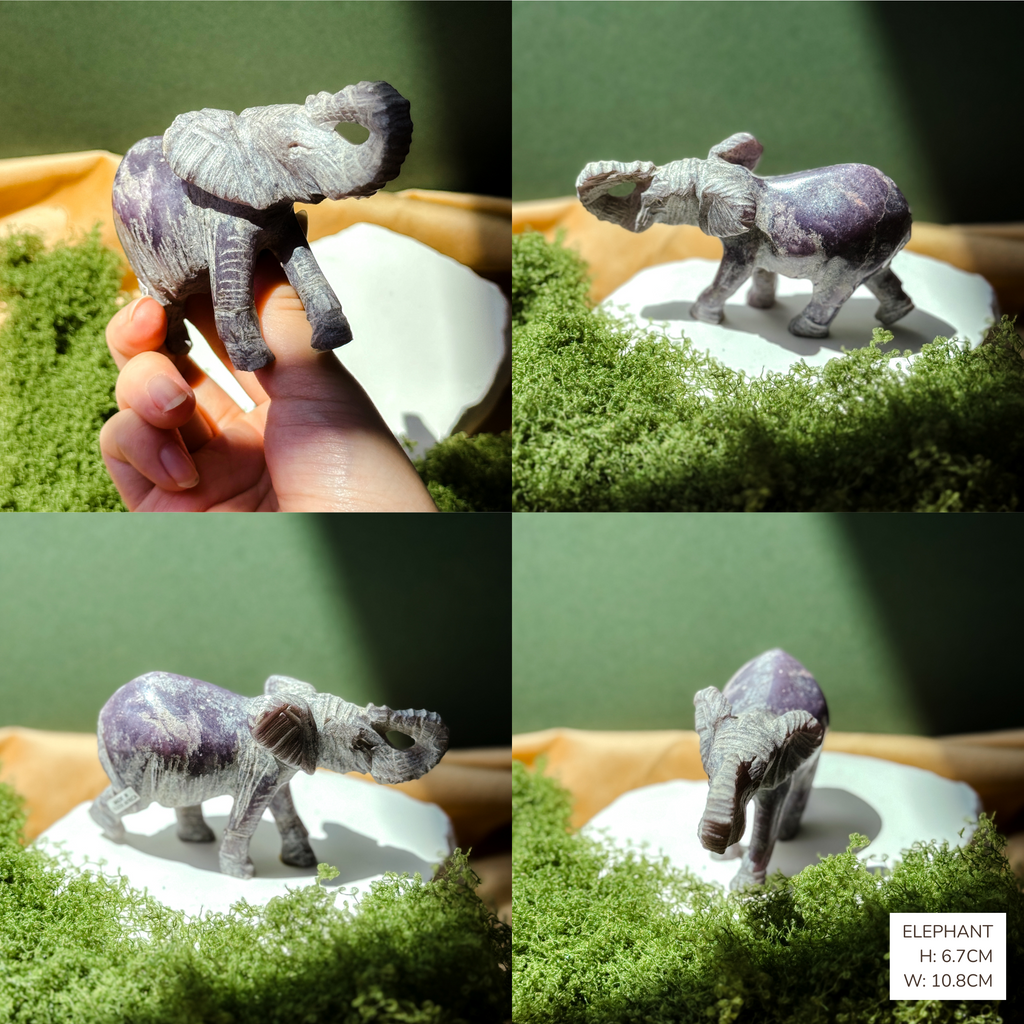 Collage of a small elephant figurine carved of Lepidolite crystal held and displayed on a green grass-like surface.