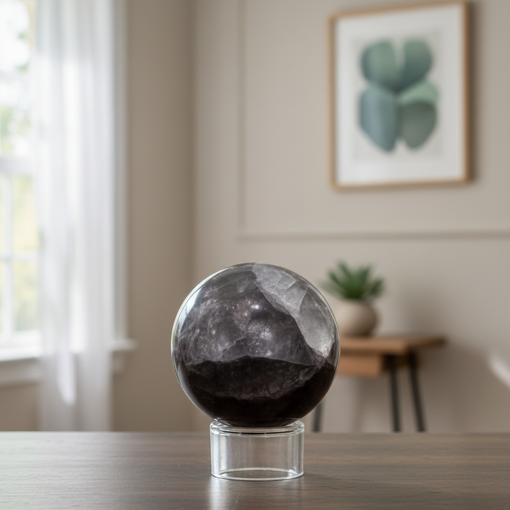 Fluorite sphere on glass stand in entryway