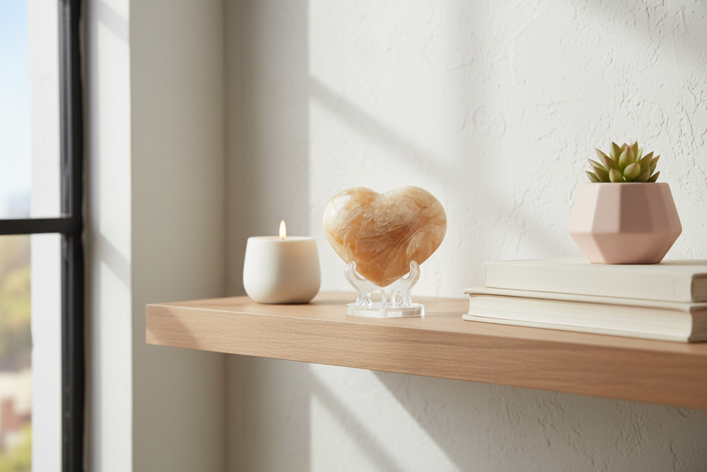 Golden peach moonstone heart on transparent stand in home decor