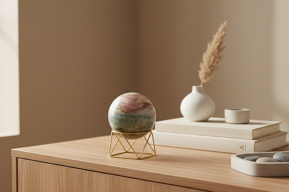 Ocean jasper sphere on stand in home decor