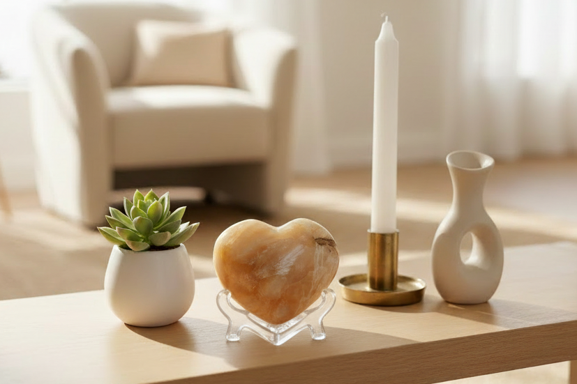 Peach moonstone heart on transparent stand in home decor