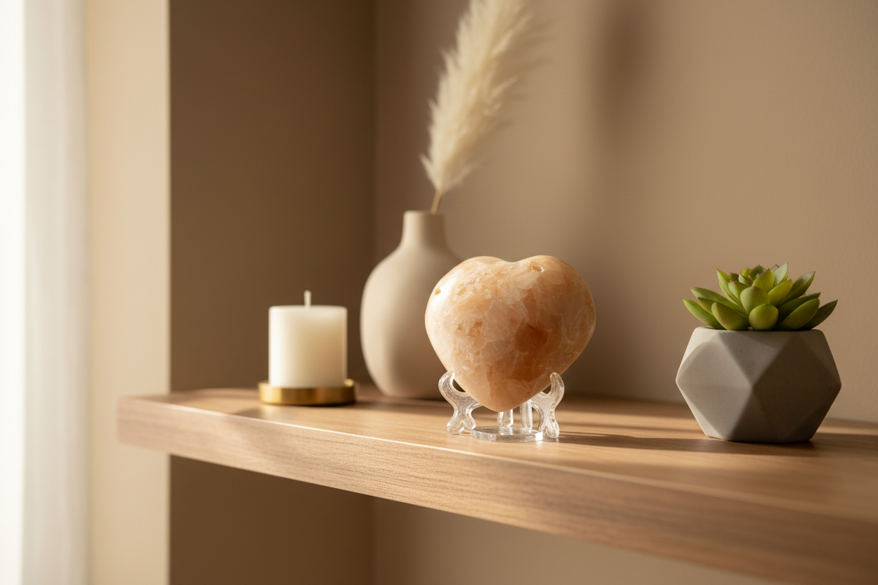 Peach stilbite heart on transparent stand in home decor