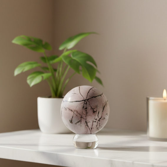Pink picture jasper sphere on glass stand in home setting