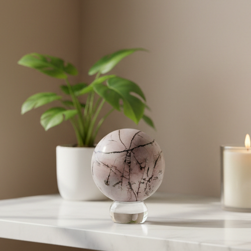 Pink picture jasper sphere on glass stand in home setting