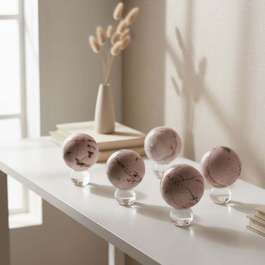 Pink picture jasper spheres on glass stands showcasing unique patterns