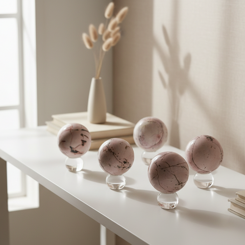 Pink picture jasper spheres on glass stands showcasing unique patterns