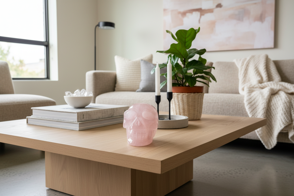 Rose Quartz Skull in Home Decor Setting