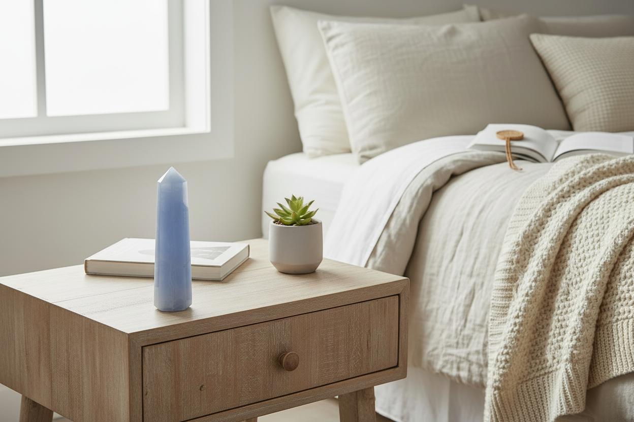 Single Blue Angelite Tower in Bedroom