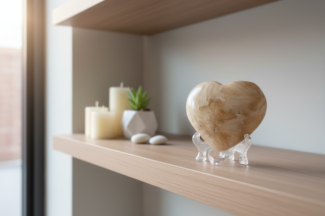 White moonstone heart on transparent stand in home decor