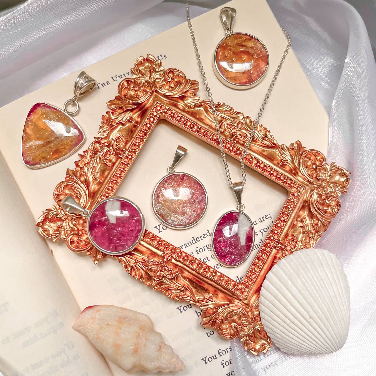 Russian Tourmaline Bicolor Gemstone Pendants in Pink and Orange