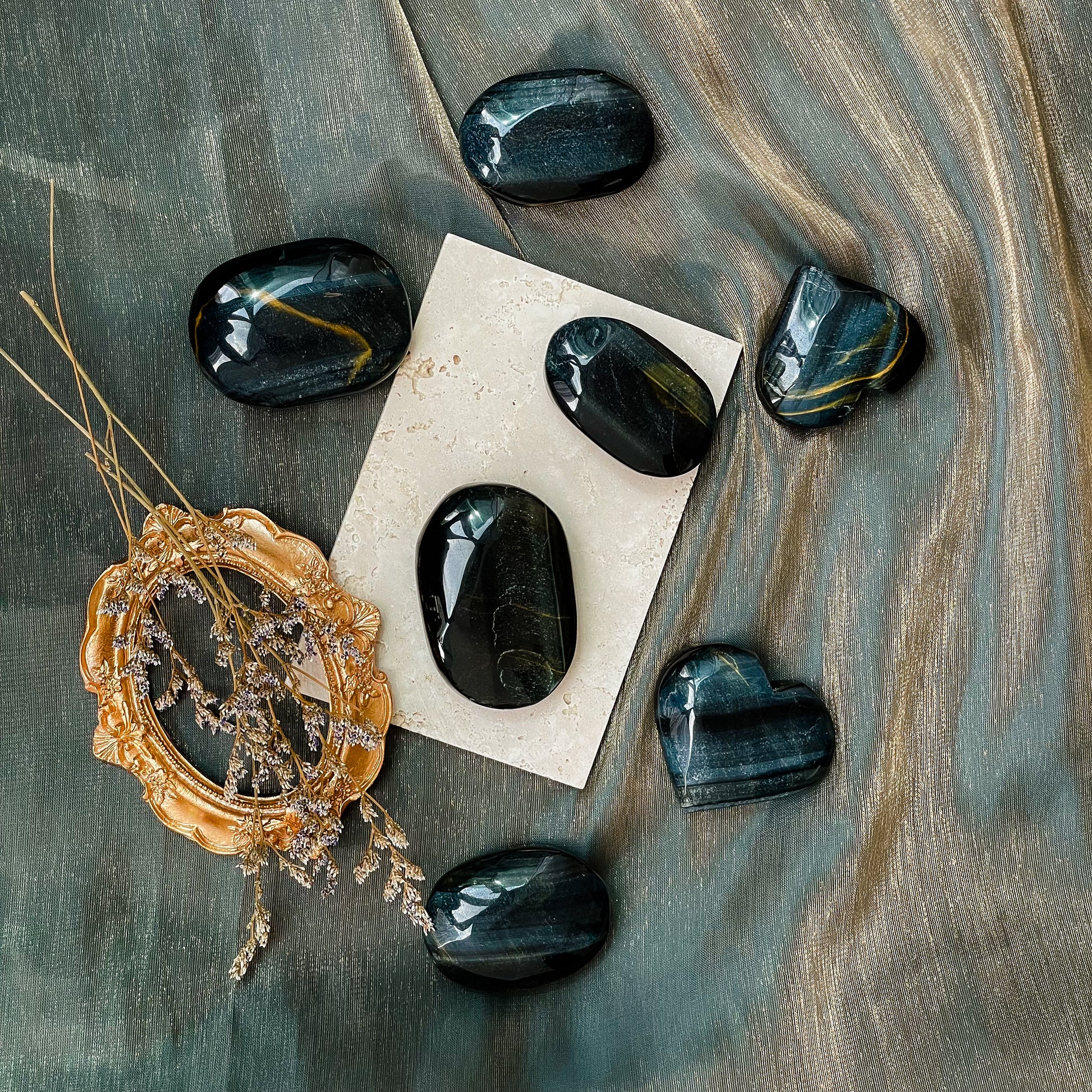 Blue Tigers Eye Palmstones and Hearts