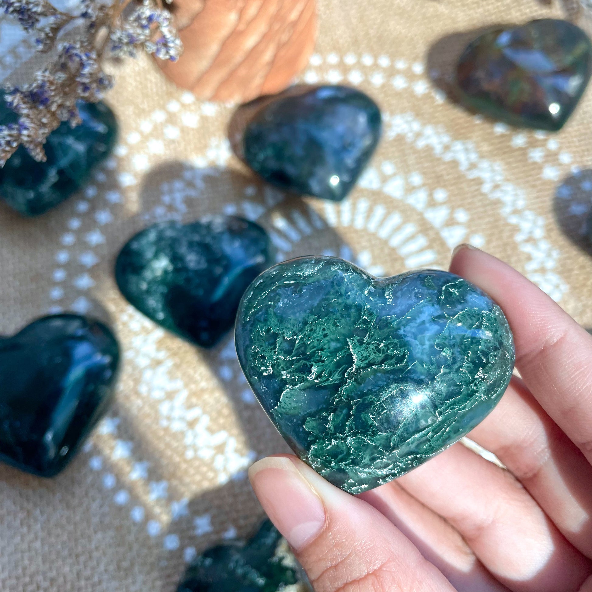 Moss Agate Puffy Hearts
