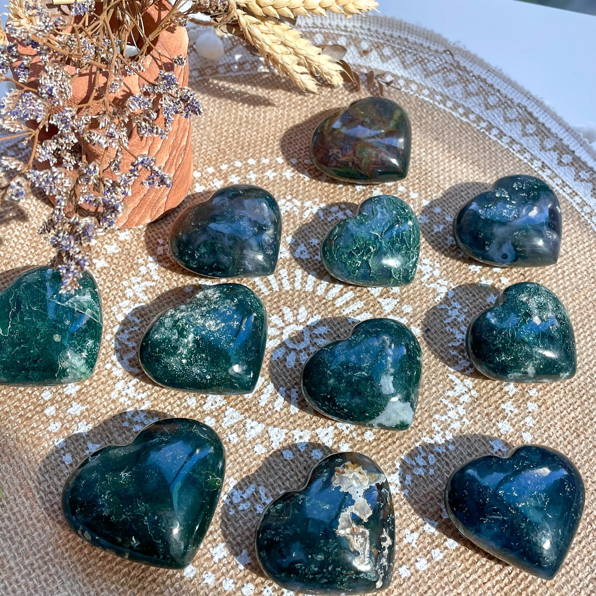 Moss Agate Puffy Hearts