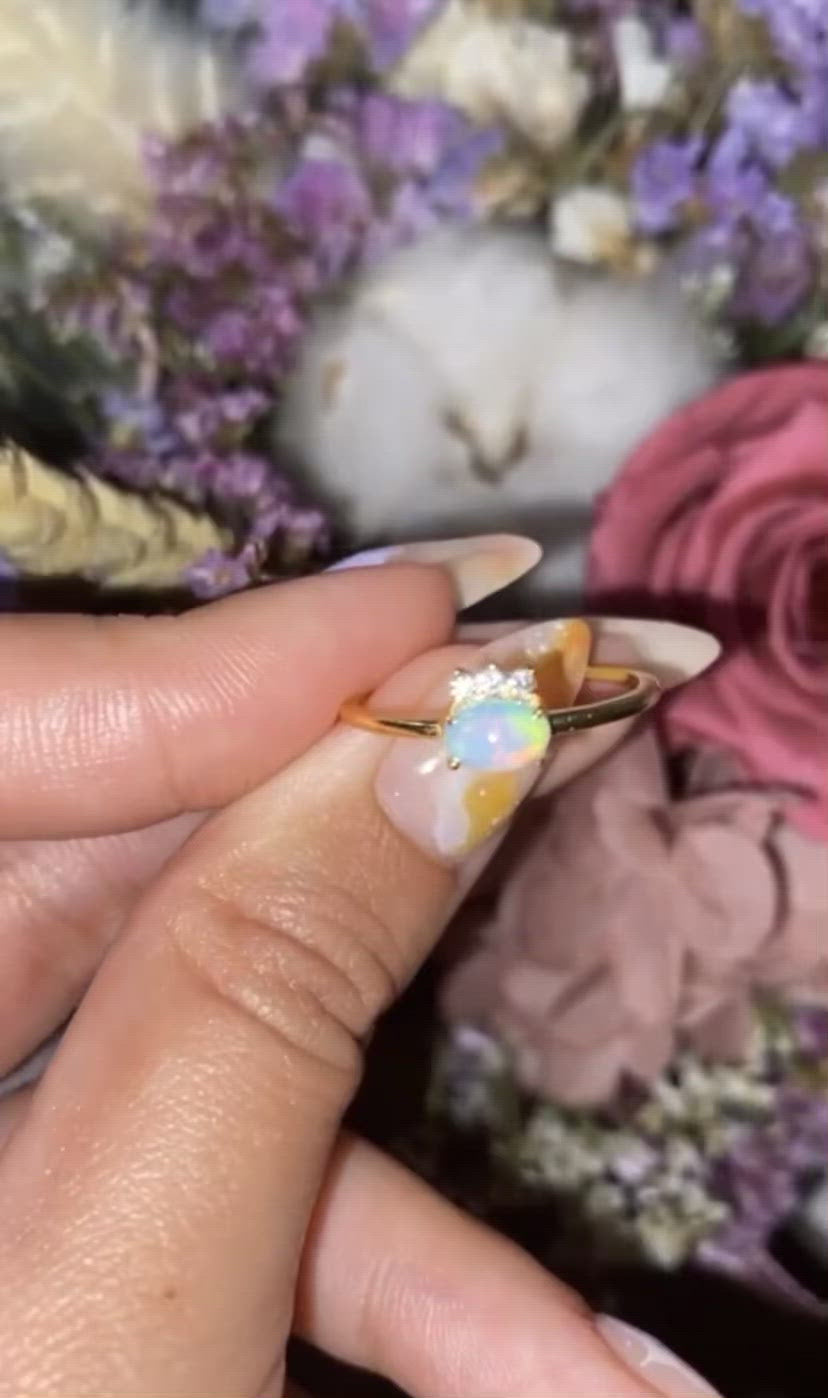 Ethiopian Fire Opal with 3 Zircon Ring with Dainty Gold Band OR-01