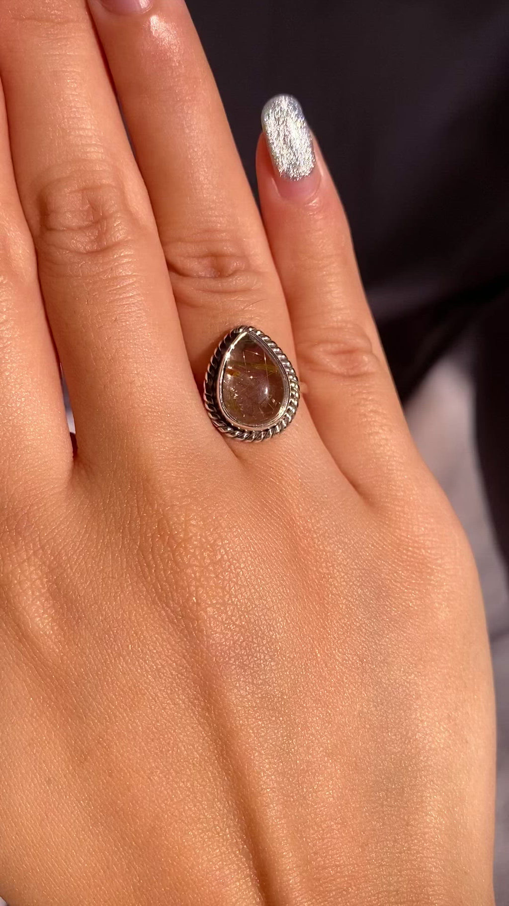 Gold Rutilated Quartz Teardrop Sterling Silver Ring
