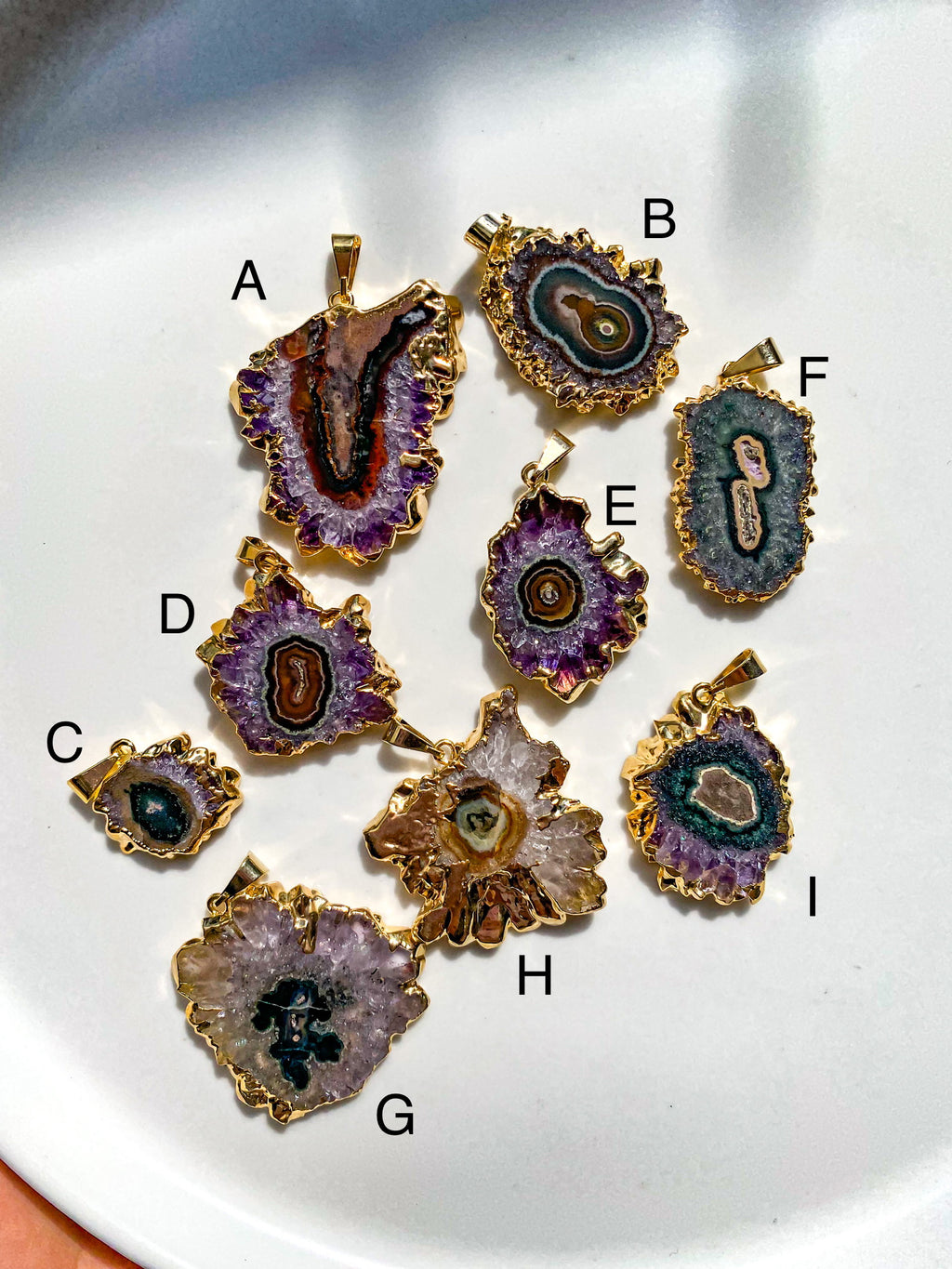 Amethyst Stalactite Pendants with Plated Edges