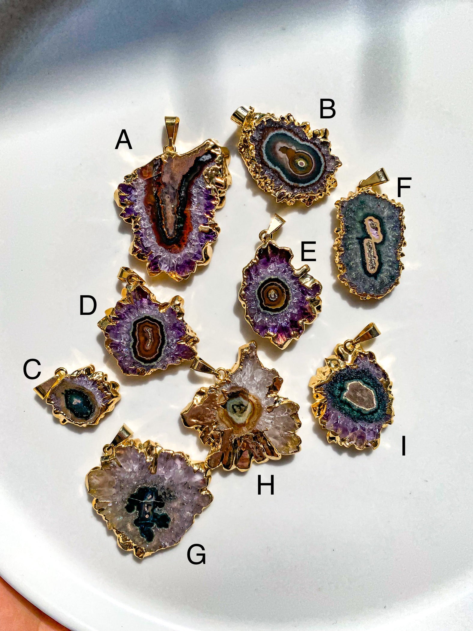 Amethyst Stalactite Pendants with Plated Edges