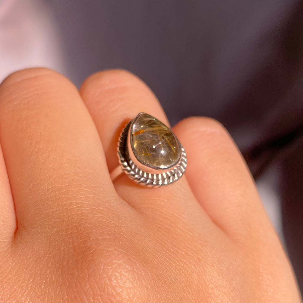 Gold Rutilated Quartz Teardrop Sterling Silver Ring