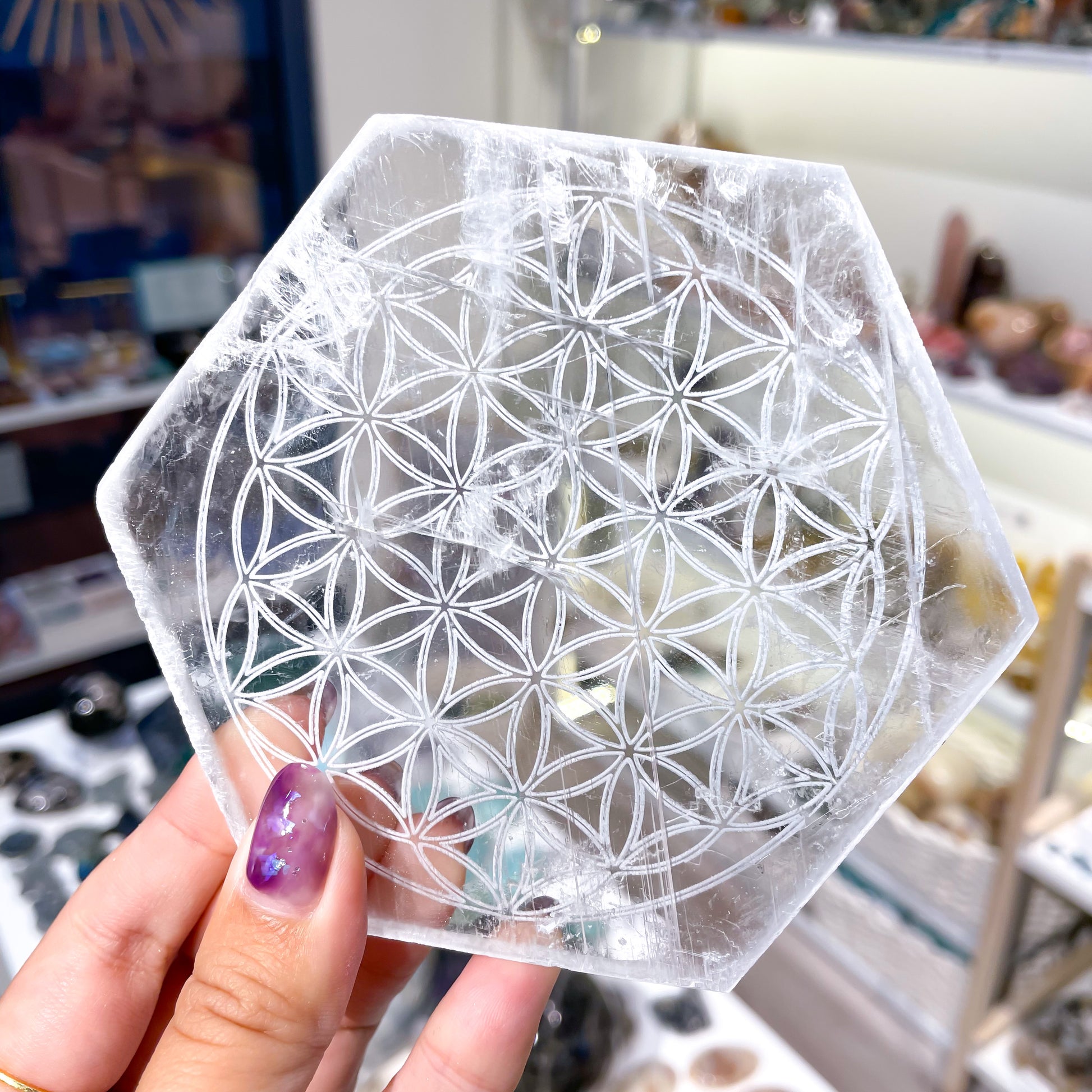 [Preorder] Selenite Flower of Life Gridding Cleansing Hexagon Plate