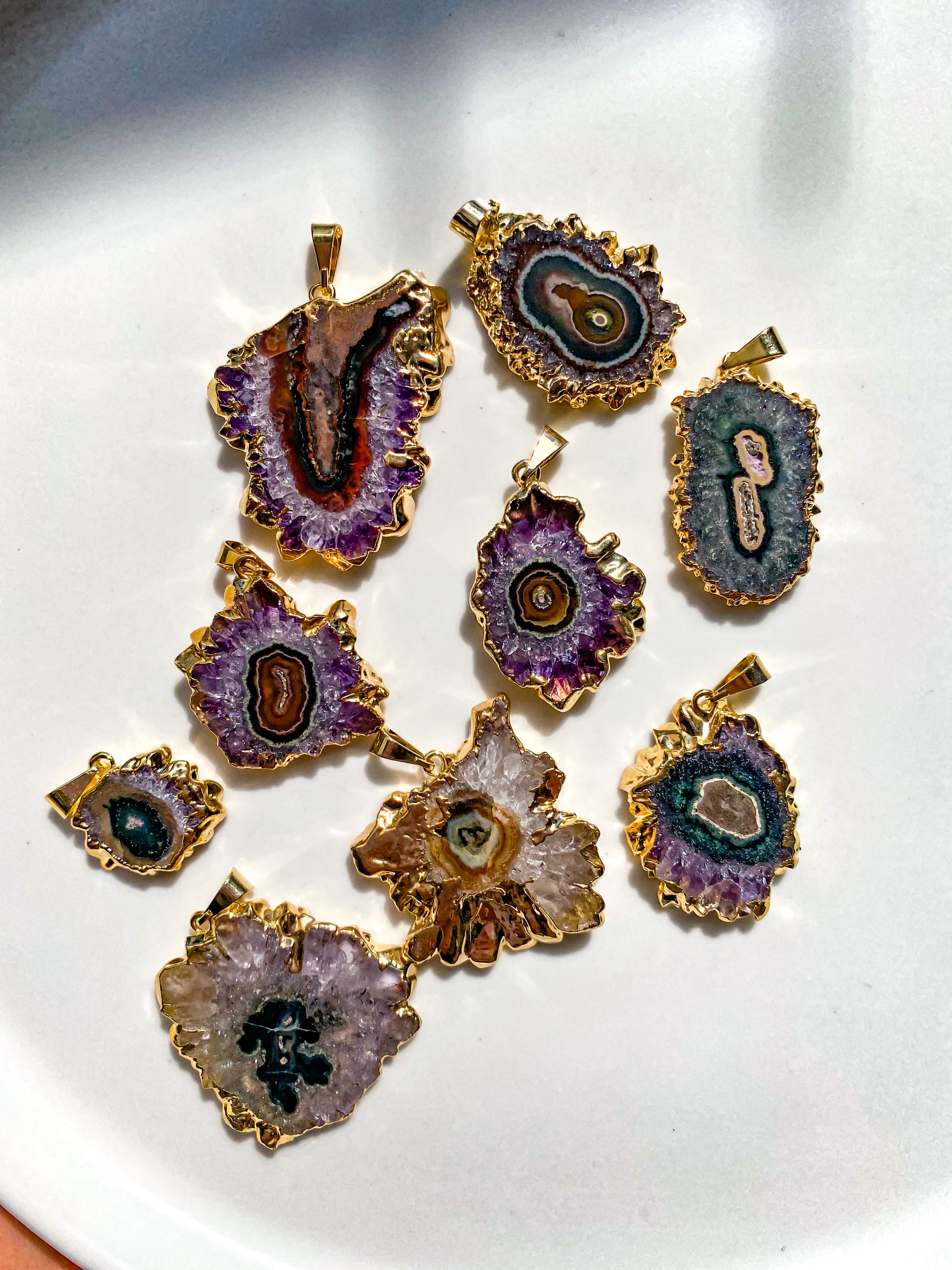 Amethyst Stalactite Pendants with Plated Edges