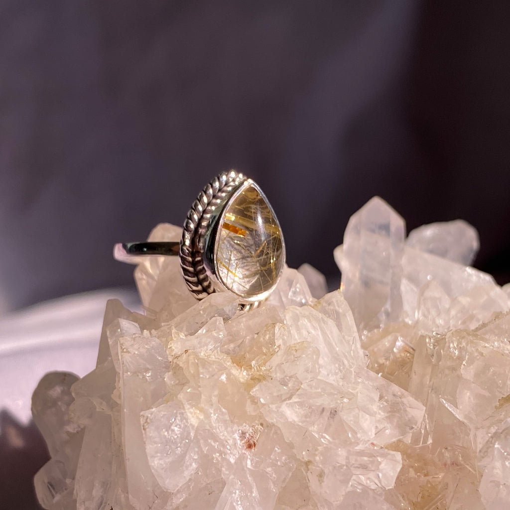 Gold Rutilated Quartz Teardrop Sterling Silver Ring