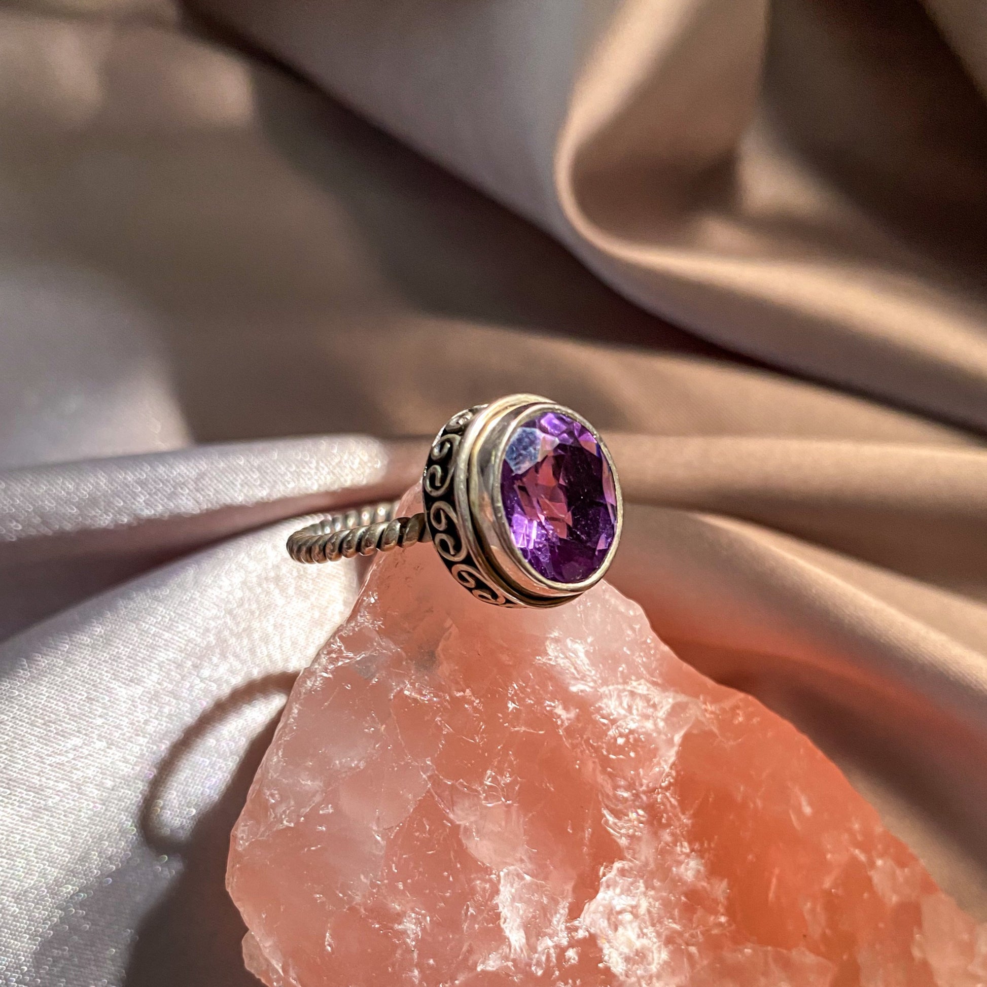 Amethyst Gemstone on Intricate Silver Rope Band Ring AR-01