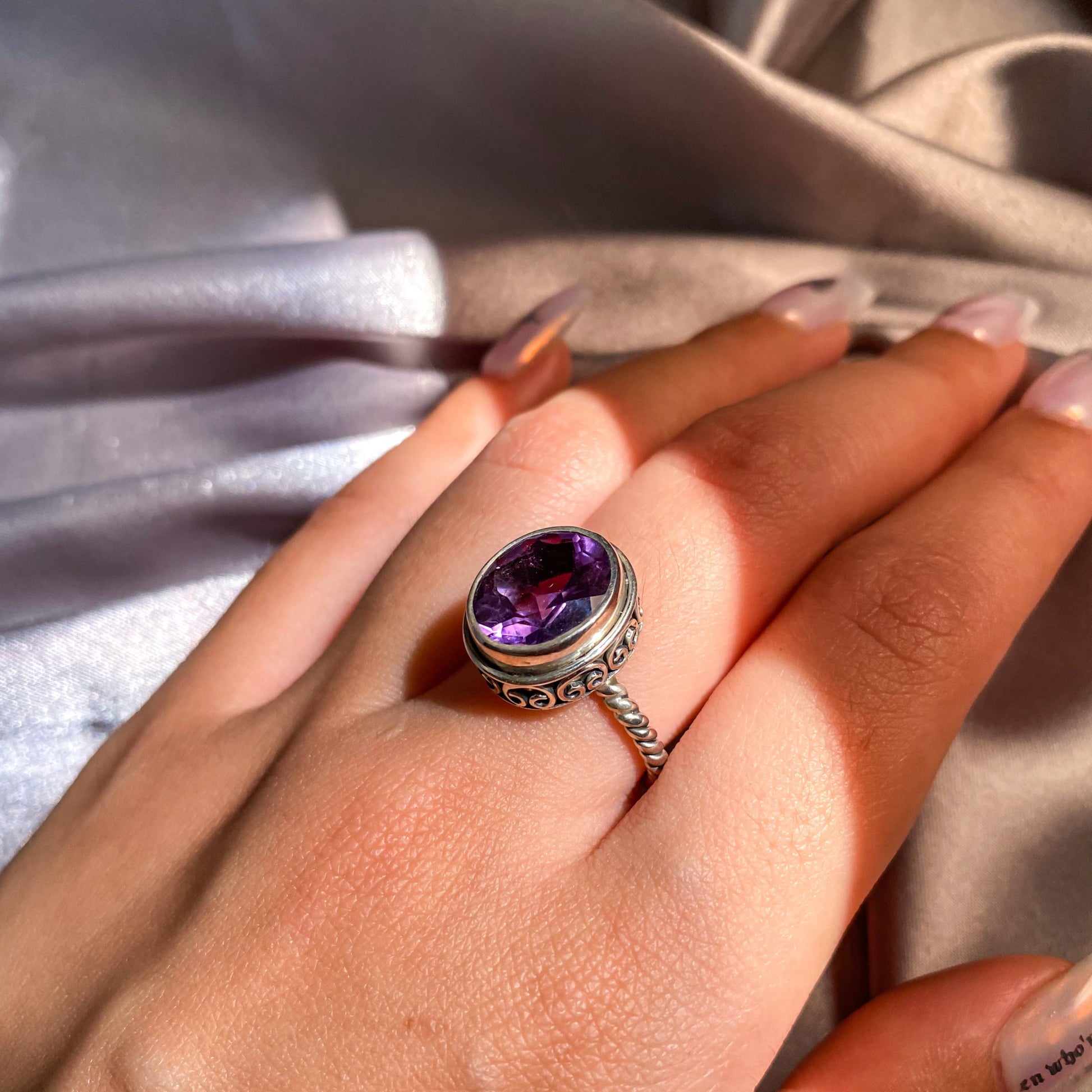 Amethyst Gemstone on Intricate Silver Rope Band Ring AR-01