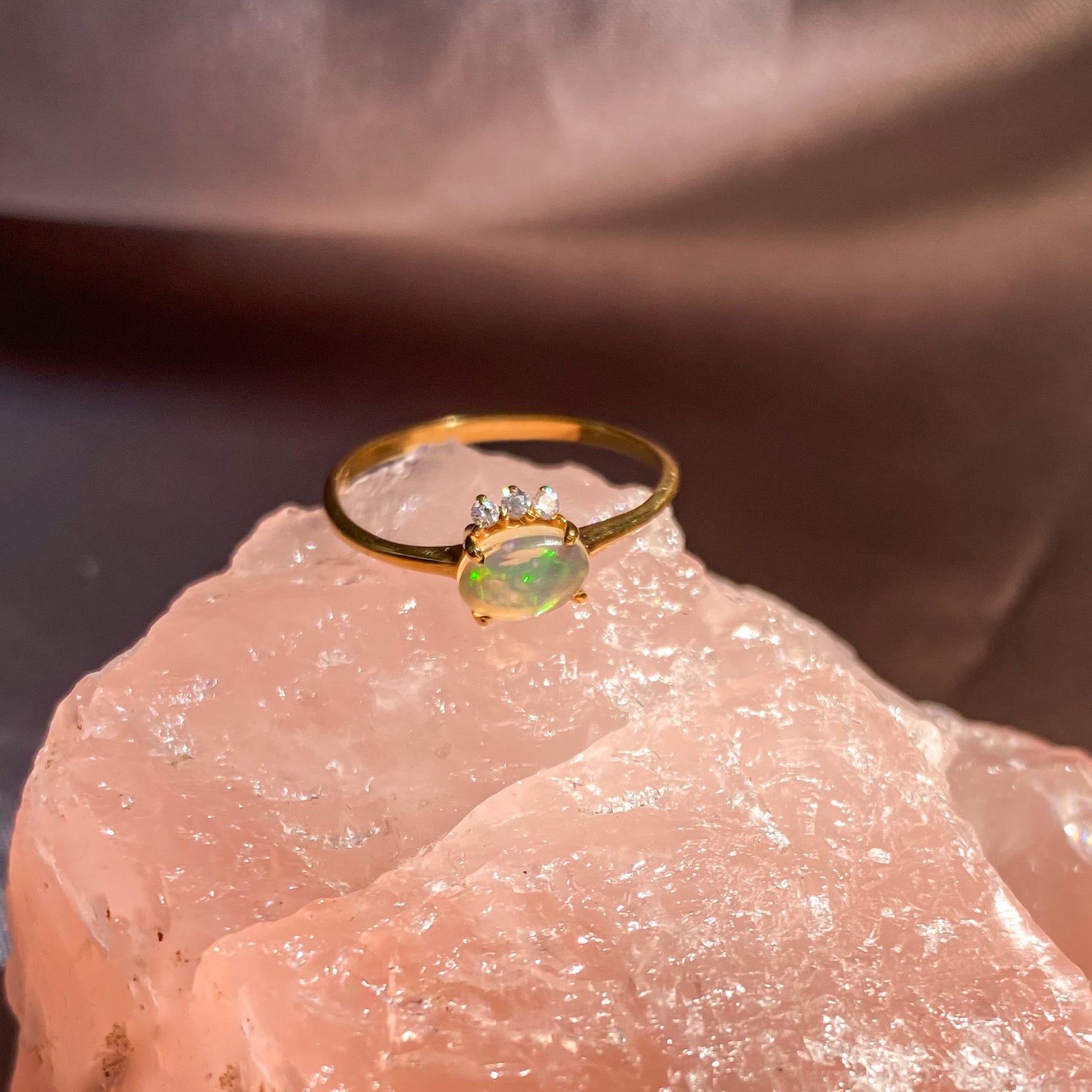 Ethiopian Fire Opal with 3 Zircon Ring with Dainty Gold Band OR-01
