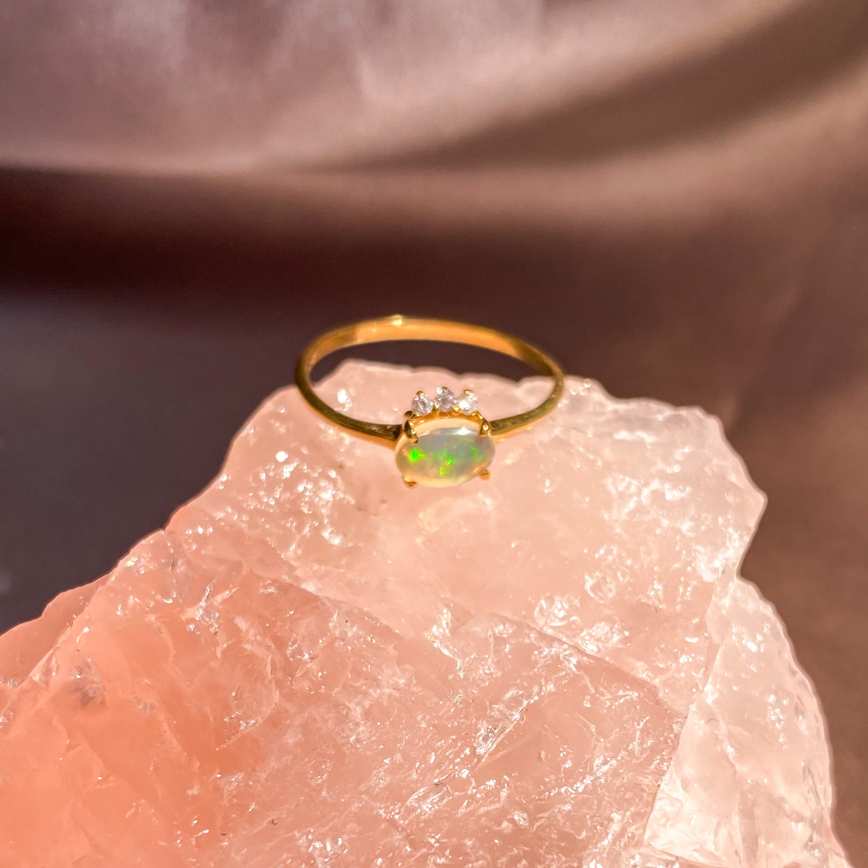 Ethiopian Fire Opal with 3 Zircon Ring with Dainty Gold Band OR-01