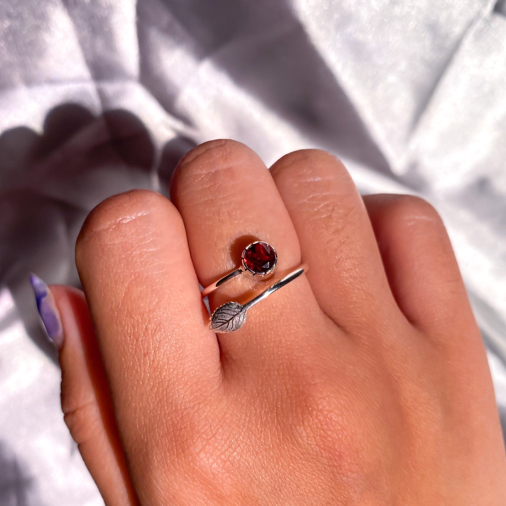 Garnet Gemstone in 925 Sterling Silver Leaf Ring - Preorder