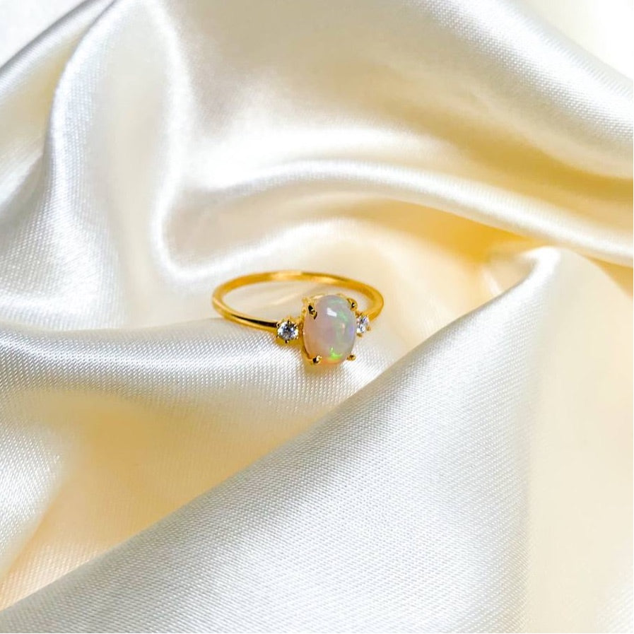 Ethiopian Opal Large Gem with Side Zircons on 18k Gold Filled Band