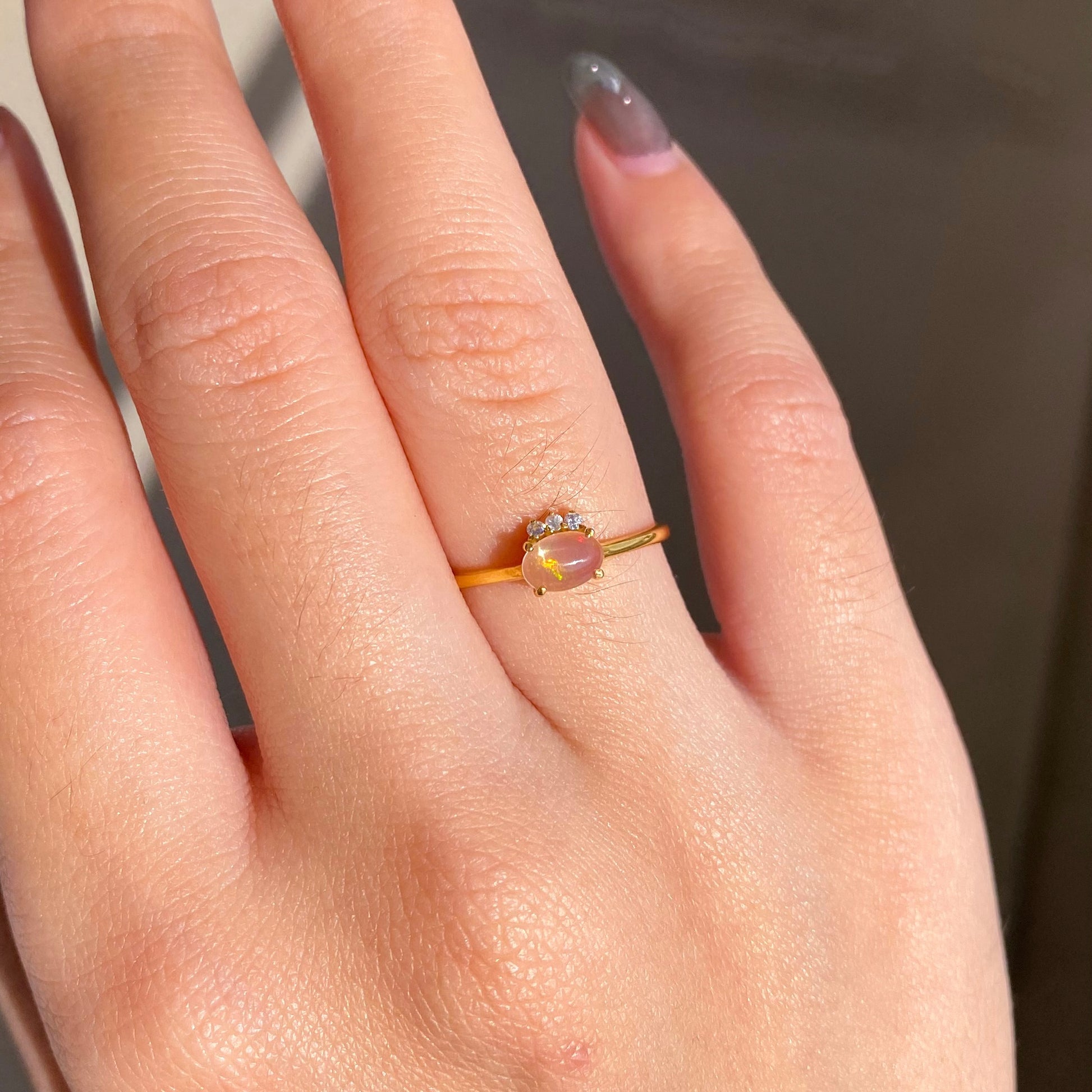 Ethiopian Fire Opal with 3 Zircon Ring with Dainty Gold Band OR-01